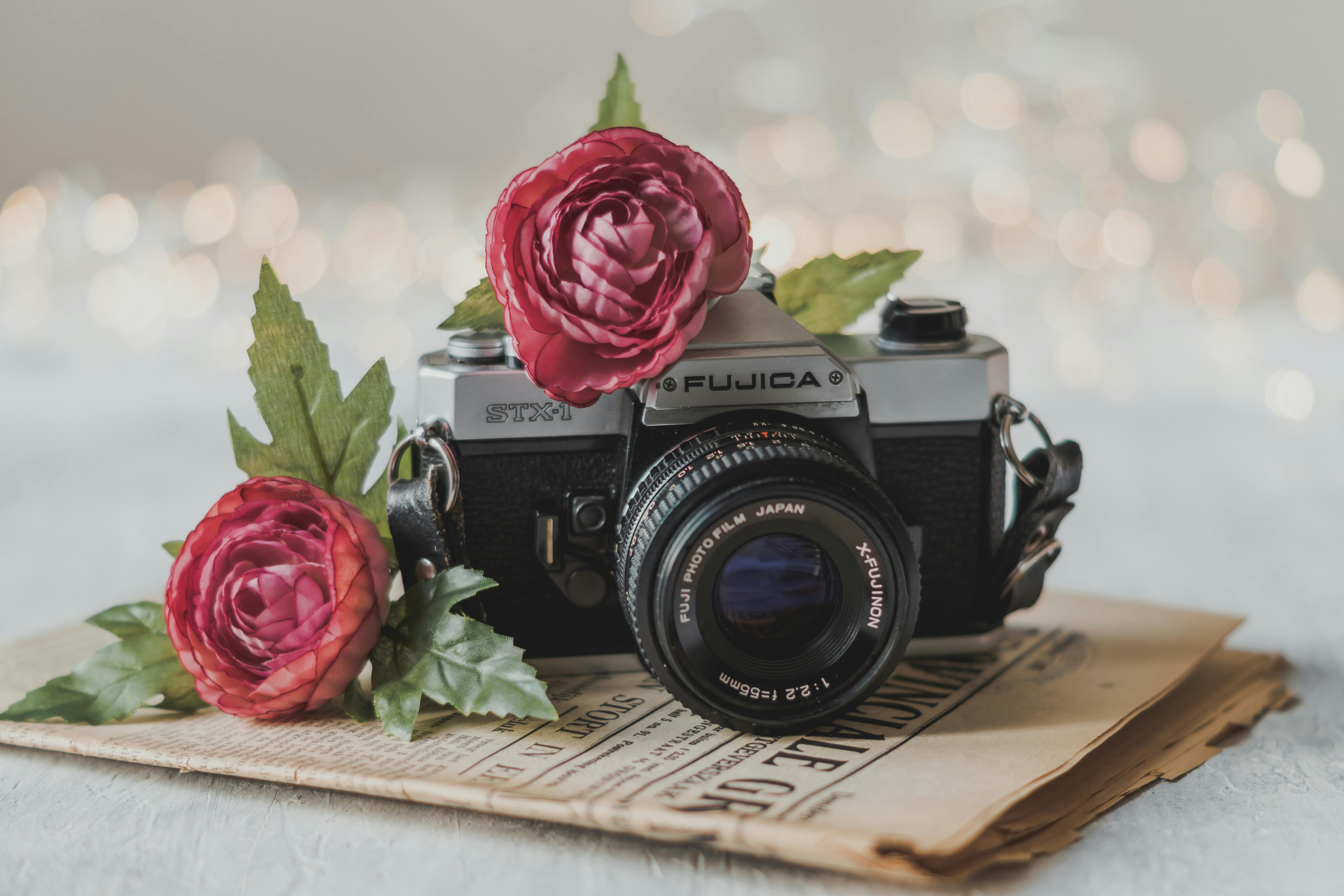 close up photo of camera near flowers