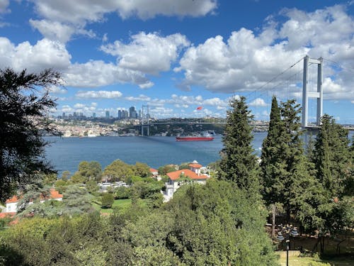View of the Bosphorus Bridge across the Bosphorus Strait in Istanbul, Turkey