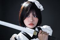 Dynamic portrait of a woman in cosplay holding a sword with intense focus.