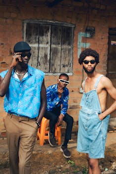 Three stylish men posing in vibrant outfits and sunglasses, showcasing modern fashion against a rustic brick backdrop.