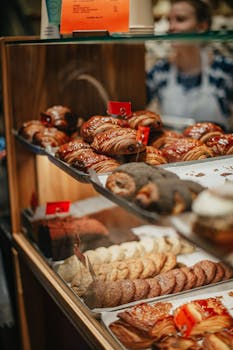 Tempting display of assorted pastries at a bakery in Berlin, Germany.