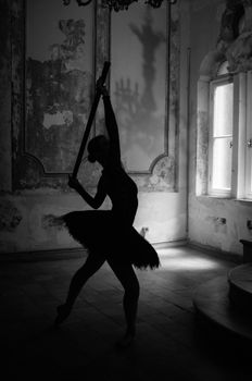 A graceful ballerina captured in silhouette, dancing elegantly in a historic İstanbul interior.