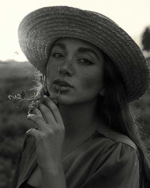 Woman in Hat in Black and White