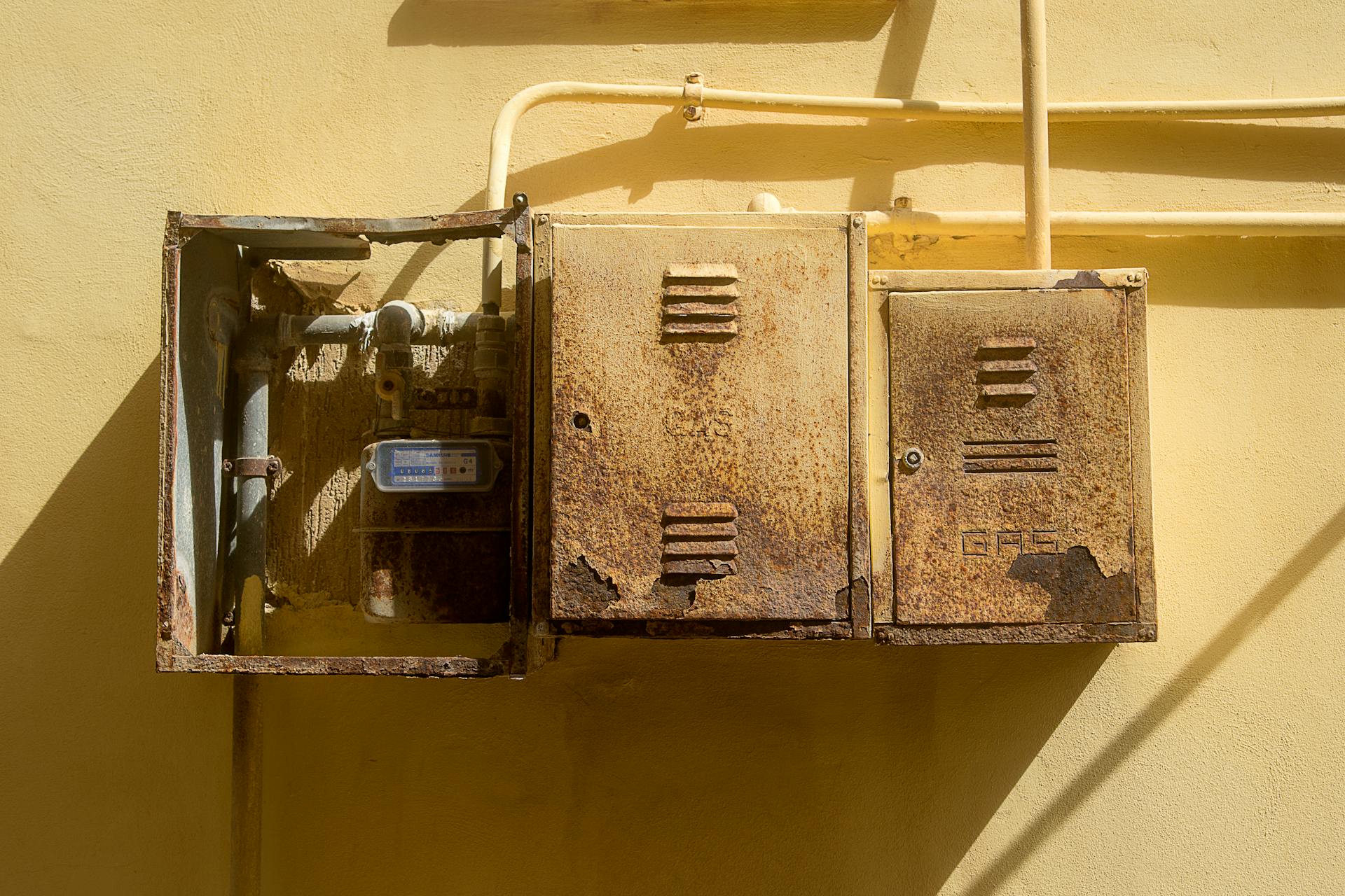 Close-up of rusty metal boxes with pipes and a water meter on a yellow wall surface.