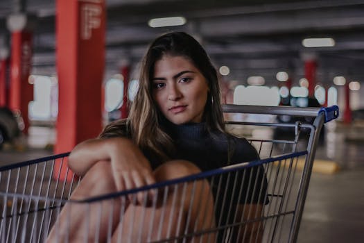 一名年轻女子坐在停车场购物车里的肖像