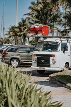 Classic Volkswagen van parked in a sunny urban area with palm trees, evoking a vintage vibe.