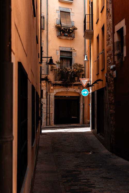A narrow alley with a blue sign on it