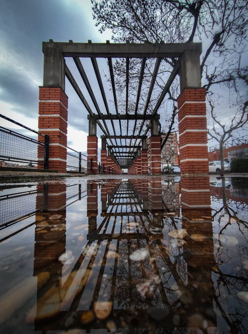 Puddle on Ground on Brick Bridge in Autumn