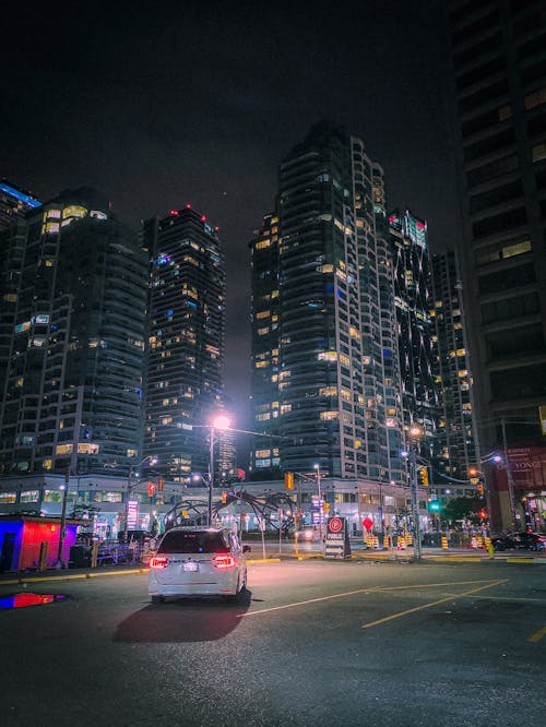 Illuminated Skyscrapers in a City Center 