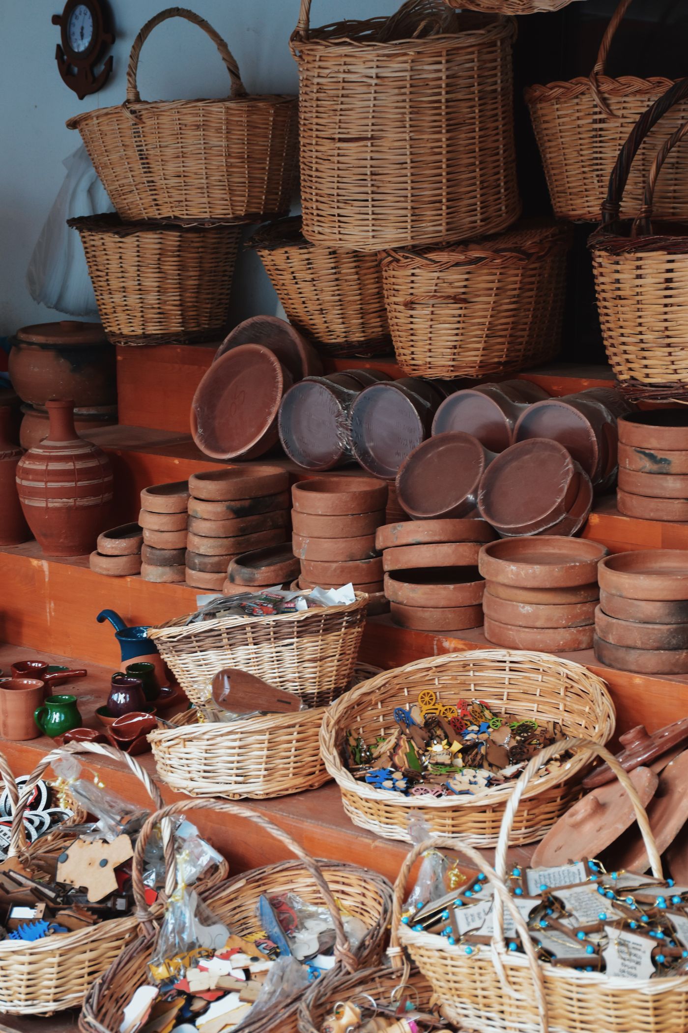 Wicker baskets and clay pottery