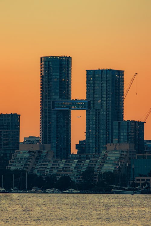 CityPlace Neighbourhood with Parade 2 Skyskrapers in Toronto at Sunset