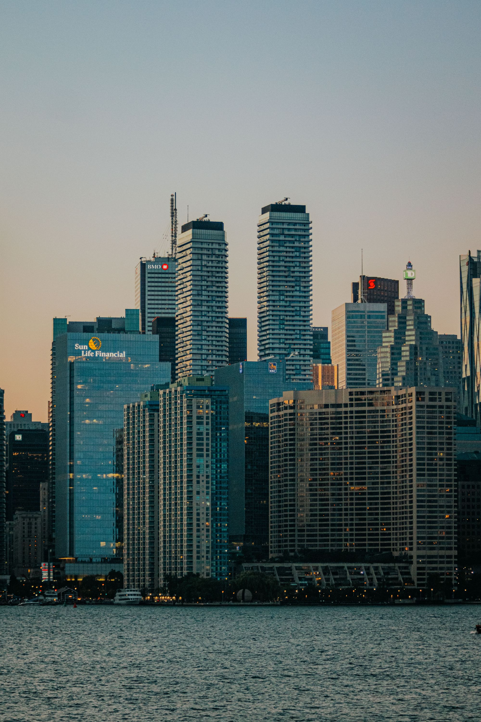 Toronto skyline and Lake Ontario at sunset
