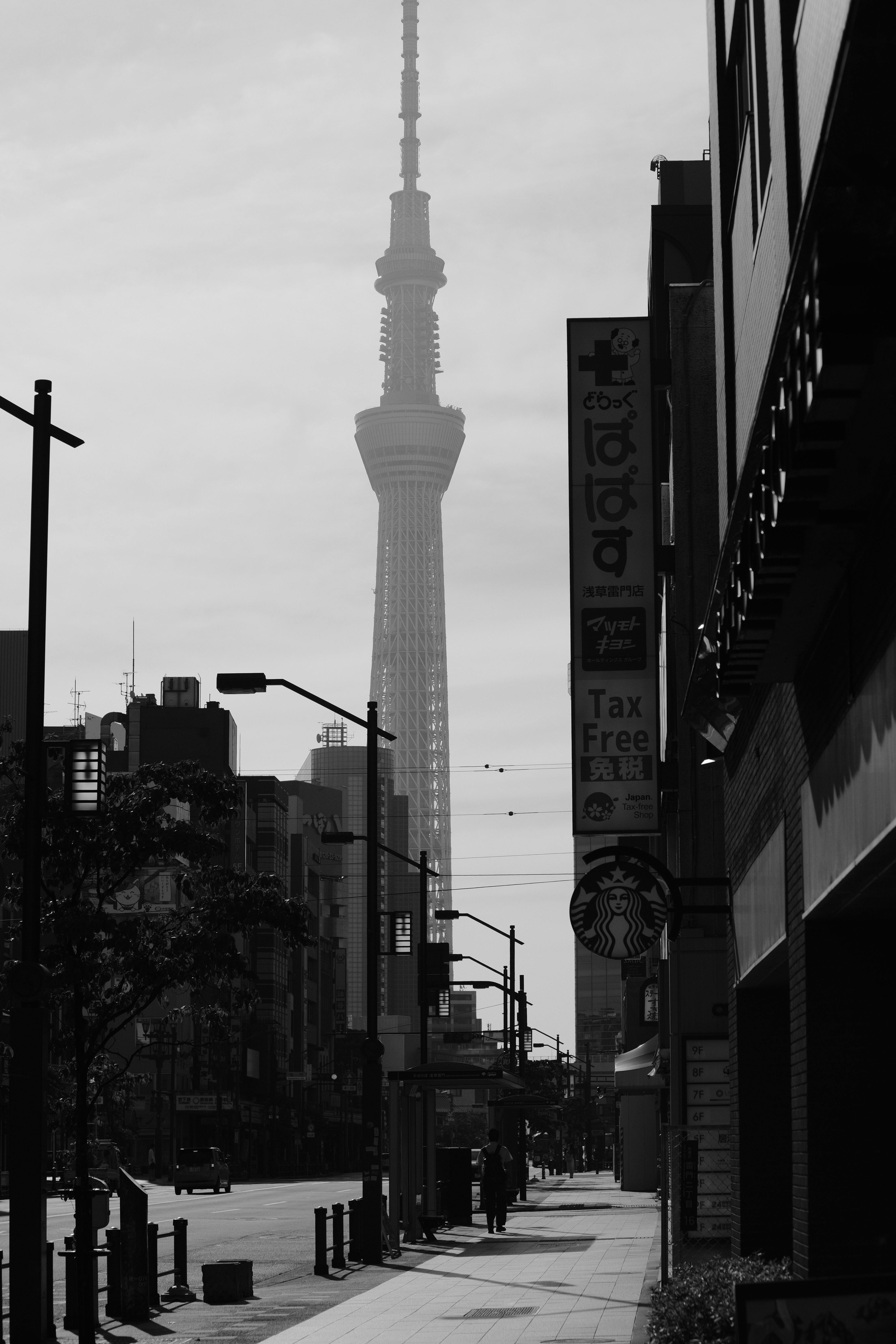 Black and White Photo of a Tokyo Street with Skytree Tower Black and White Photo of a Tokyo Street with Skytree Tower