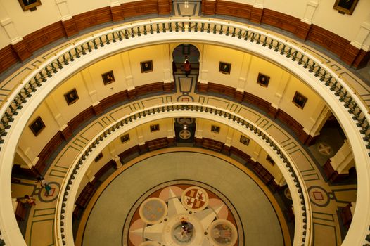 High angle view of the neoclassical ornate interior of the Texas State Capitol in Austin, Texas.