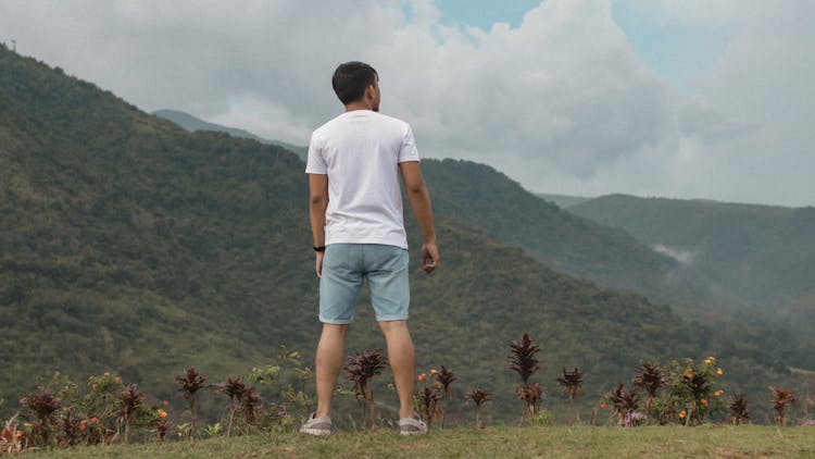 Back View Of A Man Wearing Shorts, Looking At Green Hills