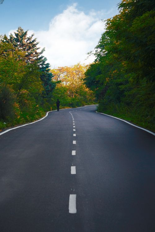 Free A lone figure walks along a peaceful winding road bordered by lush green trees under a blue sky. Stock Photo