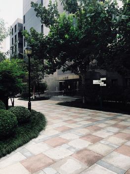 A contemporary cityscape featuring a modern building, lush trees, and a paved walkway.