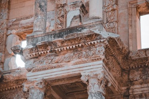 Free Detailed view of the ornate architecture of the Celsus Library in Ephesus, Turkey. Stock Photo