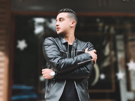 A young man in a leather jacket stands outdoors, embodying modern urban fashion.