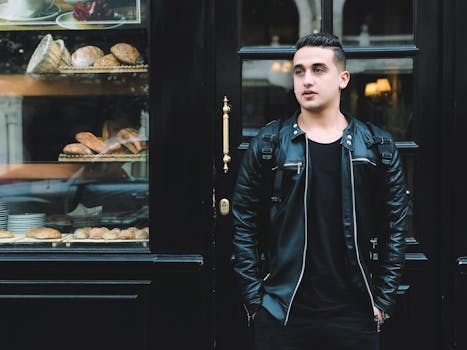 一位穿着黑色皮夹克的时尚年轻人，在面包店外坦率地站着拍肖像