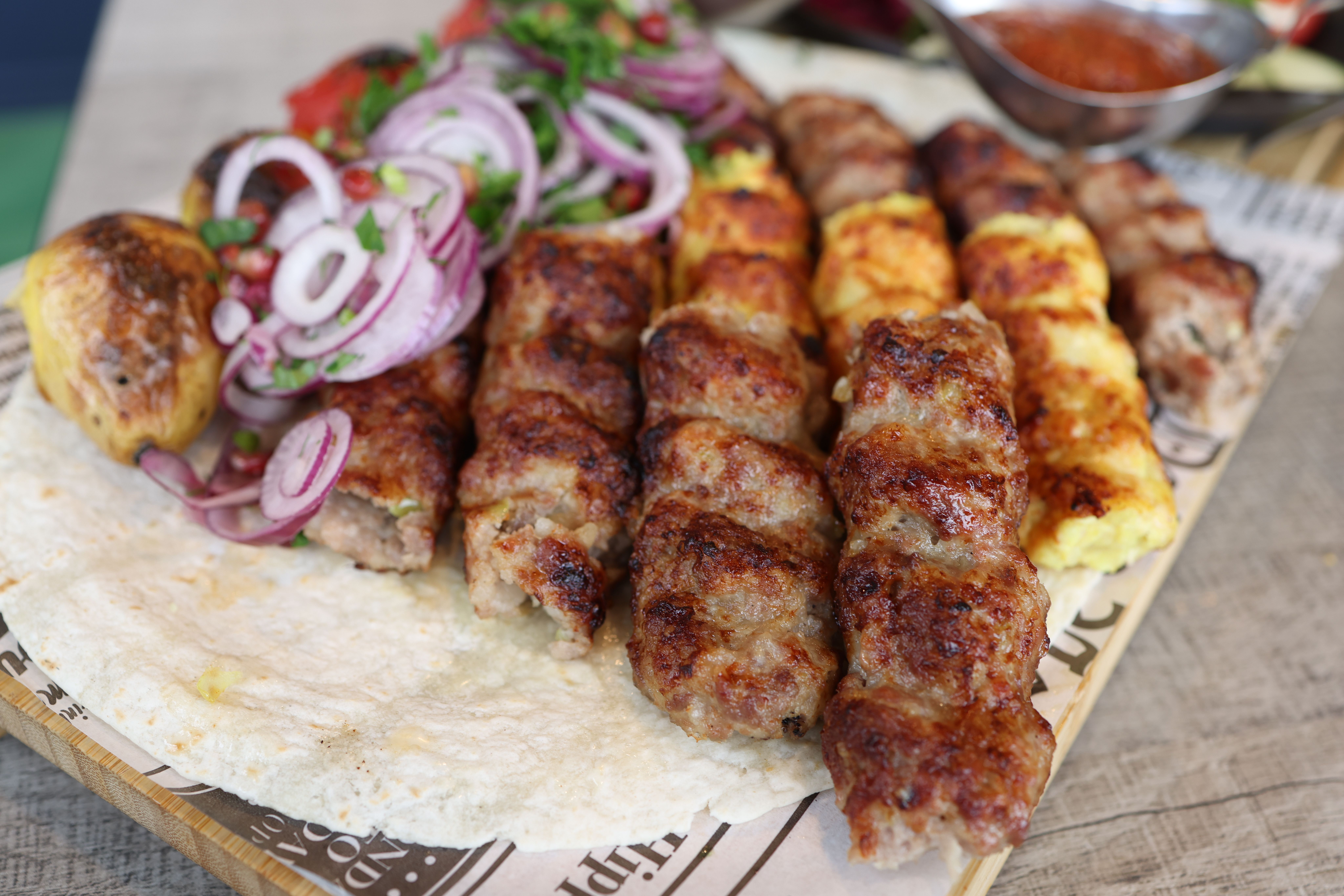 Grilled kebabs with roasted potatoes
