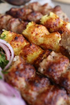 Delicious grilled meat skewers served with fresh onions and herbs, perfect for gourmet dining.