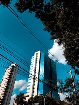 蓝天下高楼林立，电线纵横