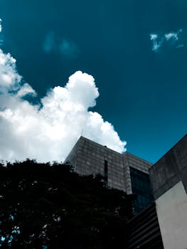 从低角度仰望现代摩天大楼，树木郁郁葱葱，云层引人入胜