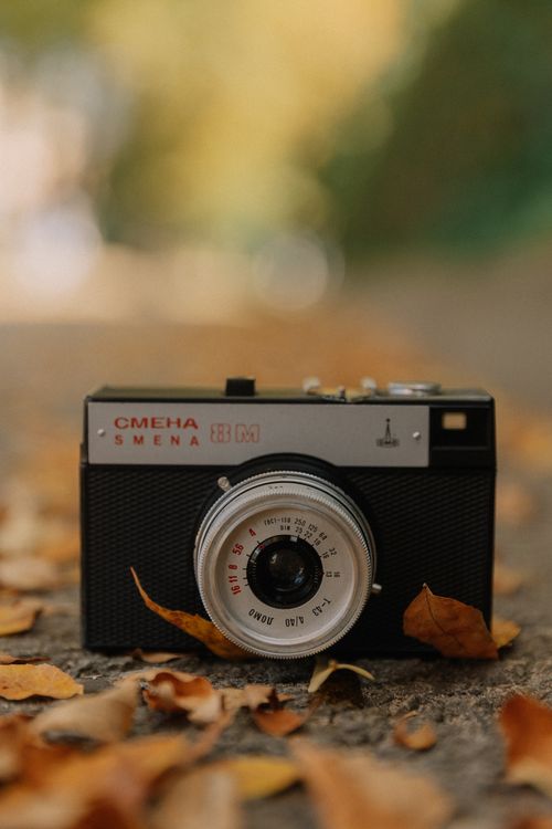 Free A Smena camera surrounded by autumn leaves creates a nostalgic vintage scene. Stock Photo