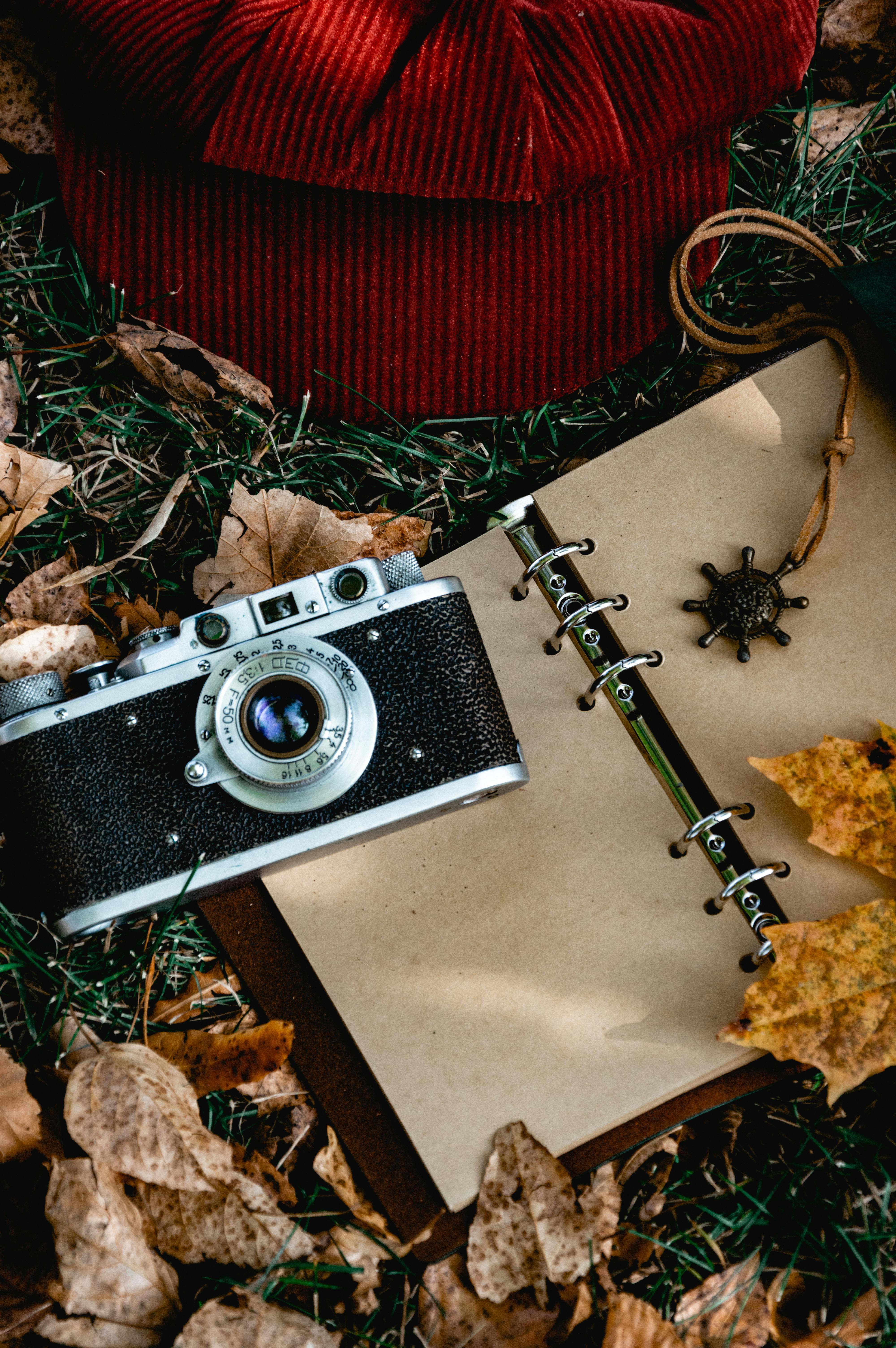 A vintage camera and open notebook on a bed of autumn leaves, capturing nostalgia.