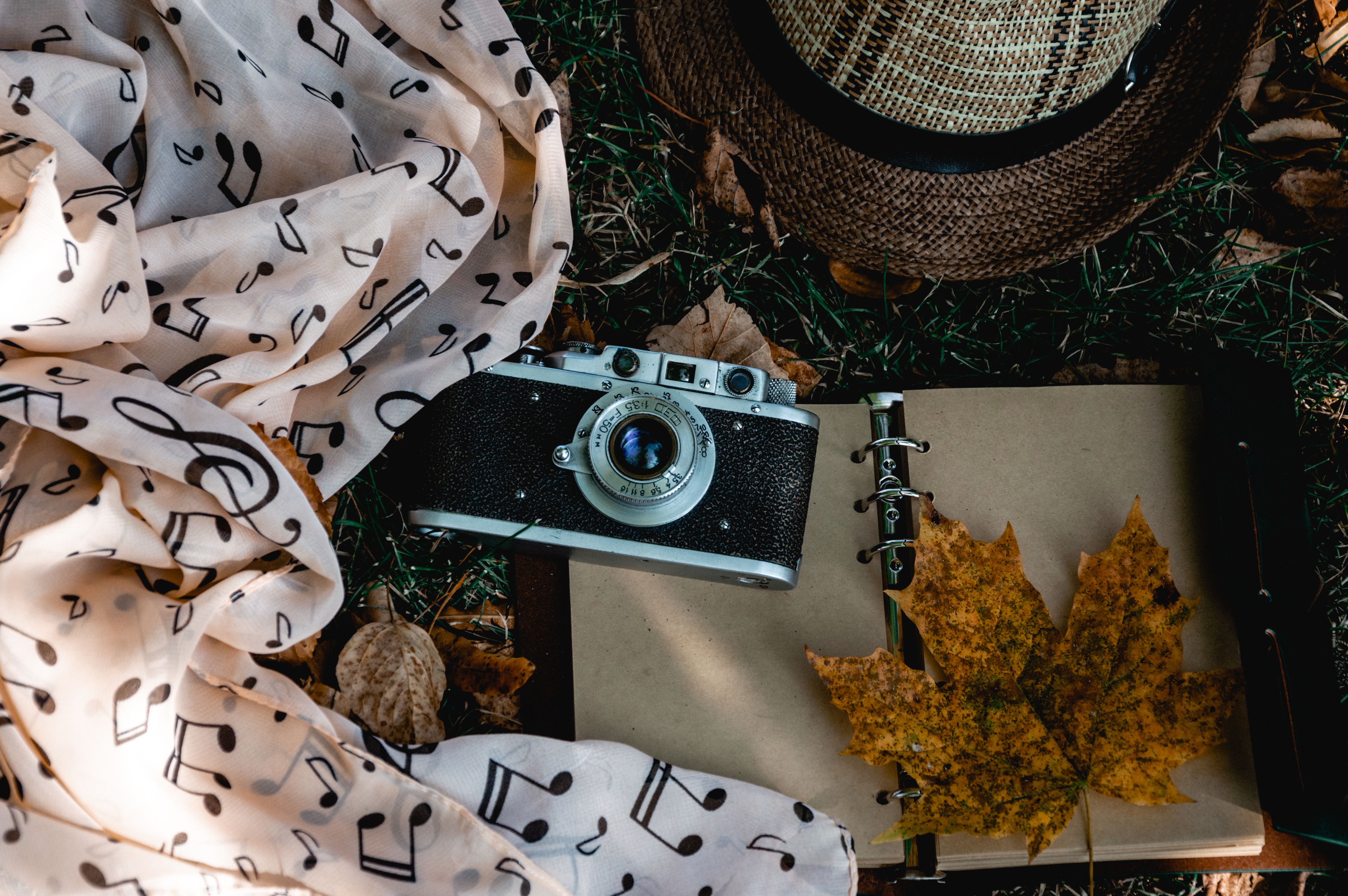A nostalgic flat lay with a vintage camera and fall leaves, capturing retro travel vibes.