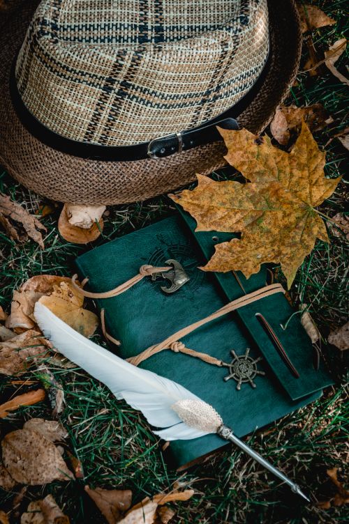 Free Charming autumn still life with a straw hat, journal, leaves, and quill on grassy ground. Stock Photo