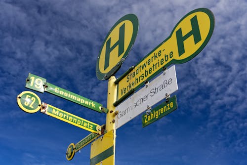 Low Angle Shot of a Signpost with Street Names against Blue Sky