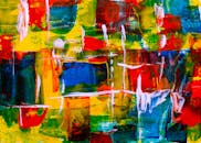 这幅抽象表现主义绘画色彩缤纷，色调生动，图案富有动感