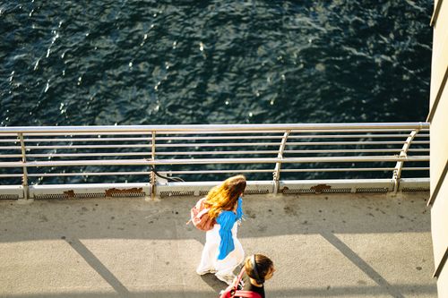Free Top-down view of two women walking along a waterfront pier on a sunny day. Stock Photo