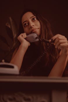 A brunette woman in a studio holds a vintage landline phone, creating a nostalgic portrait.