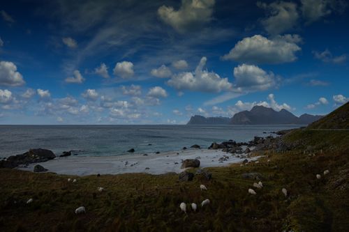 Free Explore the tranquil beauty of Myrland Beach in Lofoten, Norway, with mountains and sea views. Stock Photo