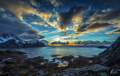 Free Stunning sunset view over the fjord in Lofoten Islands, Northern Norway. Stock Photo