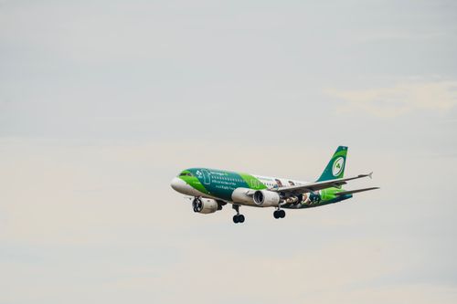 Free A green-liveried commercial airplane flying through an overcast sky, showcasing modern aviation. Stock Photo