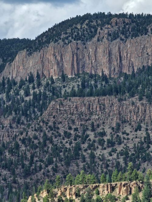 Free Majestic rocky cliff covered with evergreen trees under a cloudy sky. Stock Photo