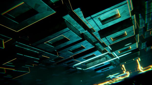 Dynamic abstract design featuring 3D geometric shapes and striking neon lights creating a futuristic look.