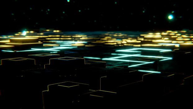 Abstract digital landscape with neon lights resembling a cyber grid against a dark background.