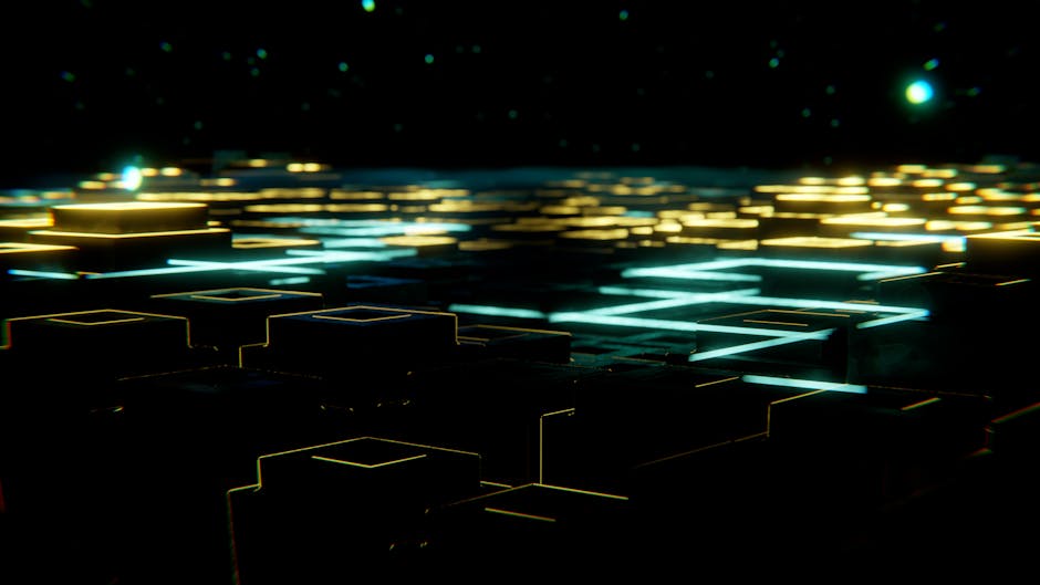 Abstract digital landscape with neon lights resembling a cyber grid against a dark background.