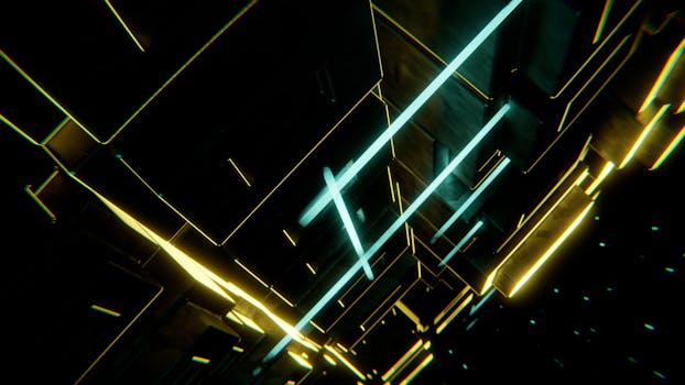 Dynamic abstract image featuring neon lights and geometric shapes in a futuristic style.