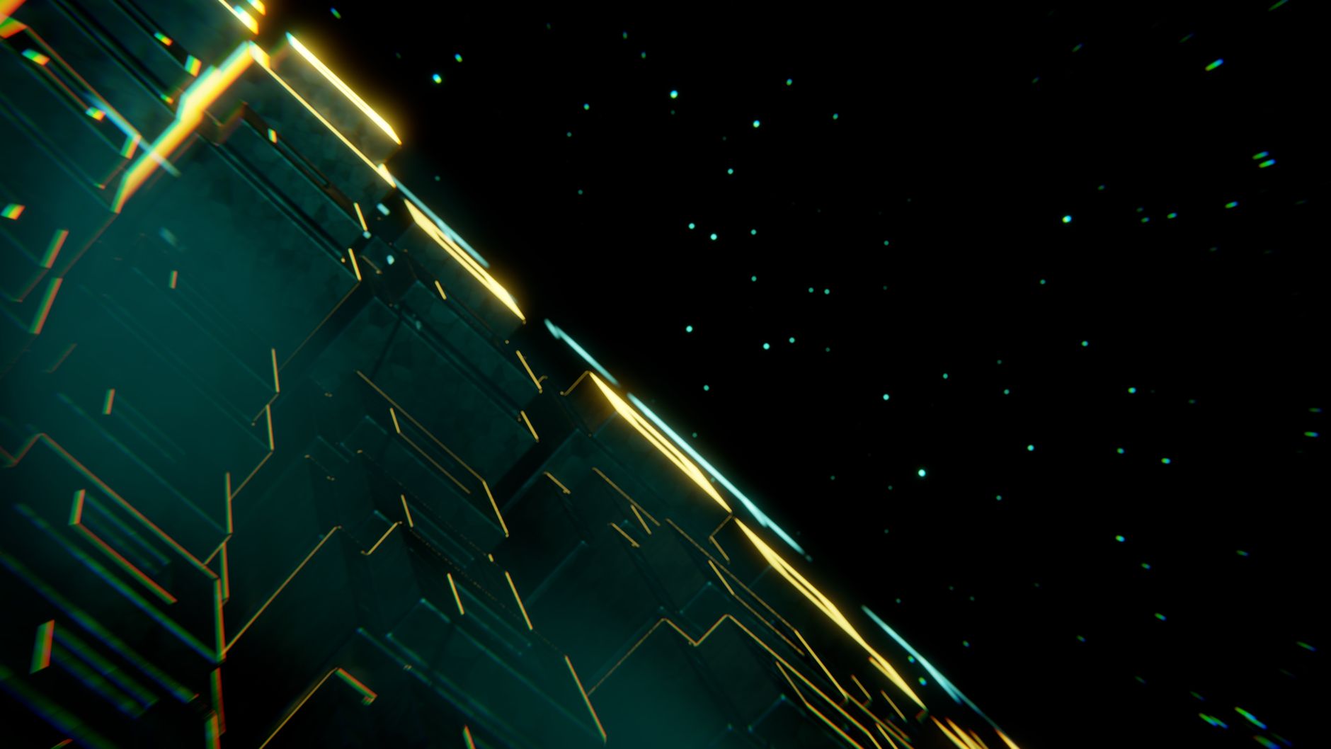 A digital abstract scene with neon lights and futuristic elements in space.