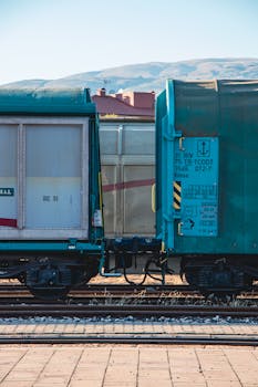Detailed view of cargo train wagons at a railway station in daylight.