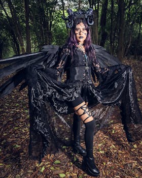 A woman in gothic attire with horns and feathers stands mysteriously in a forest setting.