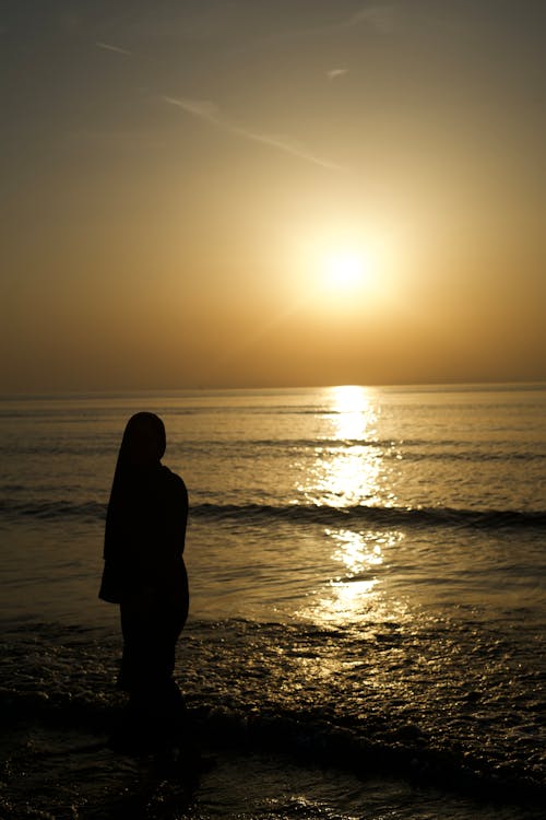 Silhouette of Person Standing on Sea Shore at Sunset