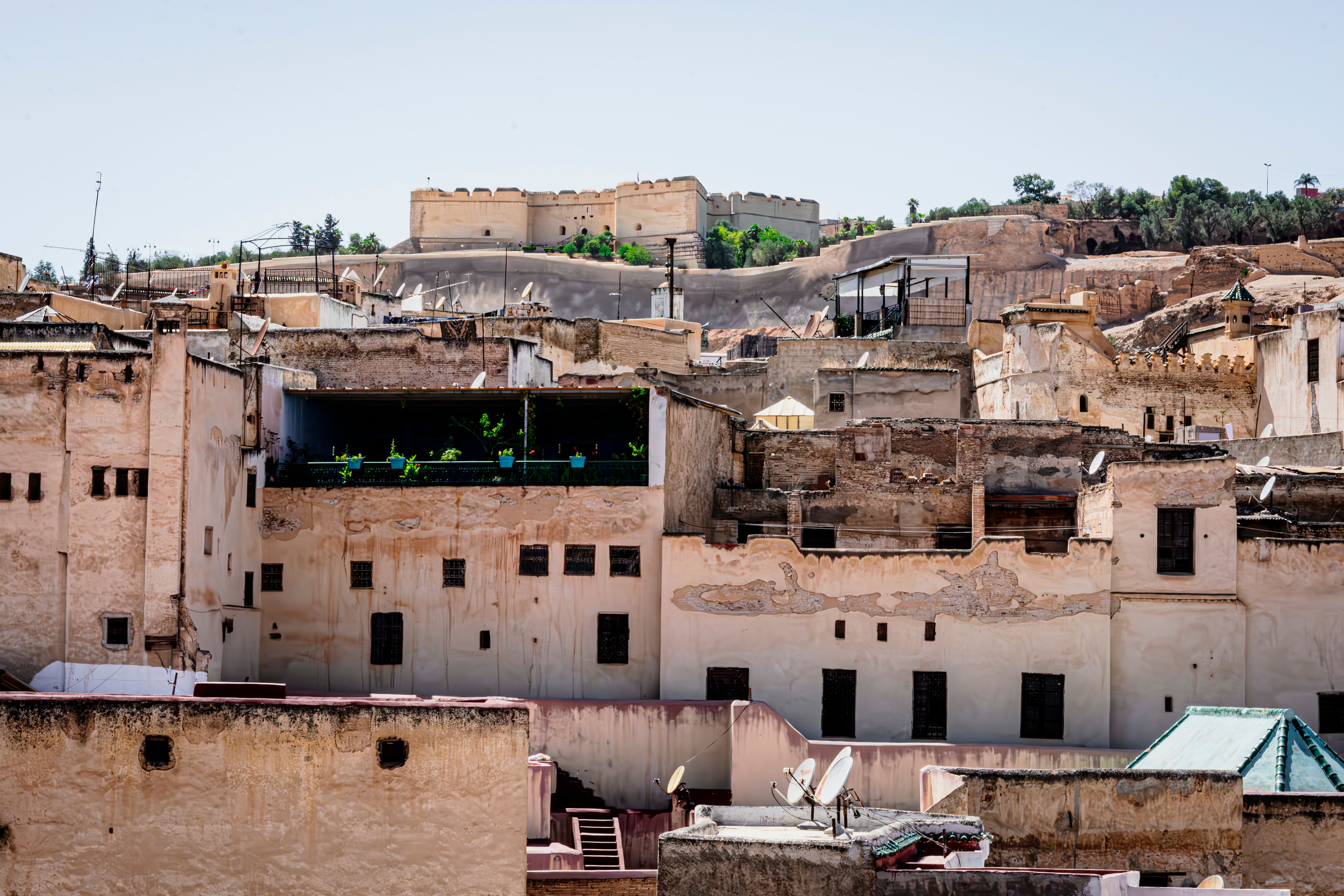 View of traditional architecture in Fez Medina, showcasing historic Moroccan buildings.