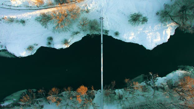 从空中俯瞰，一条宁静的河流在冬季被白雪和树木环绕